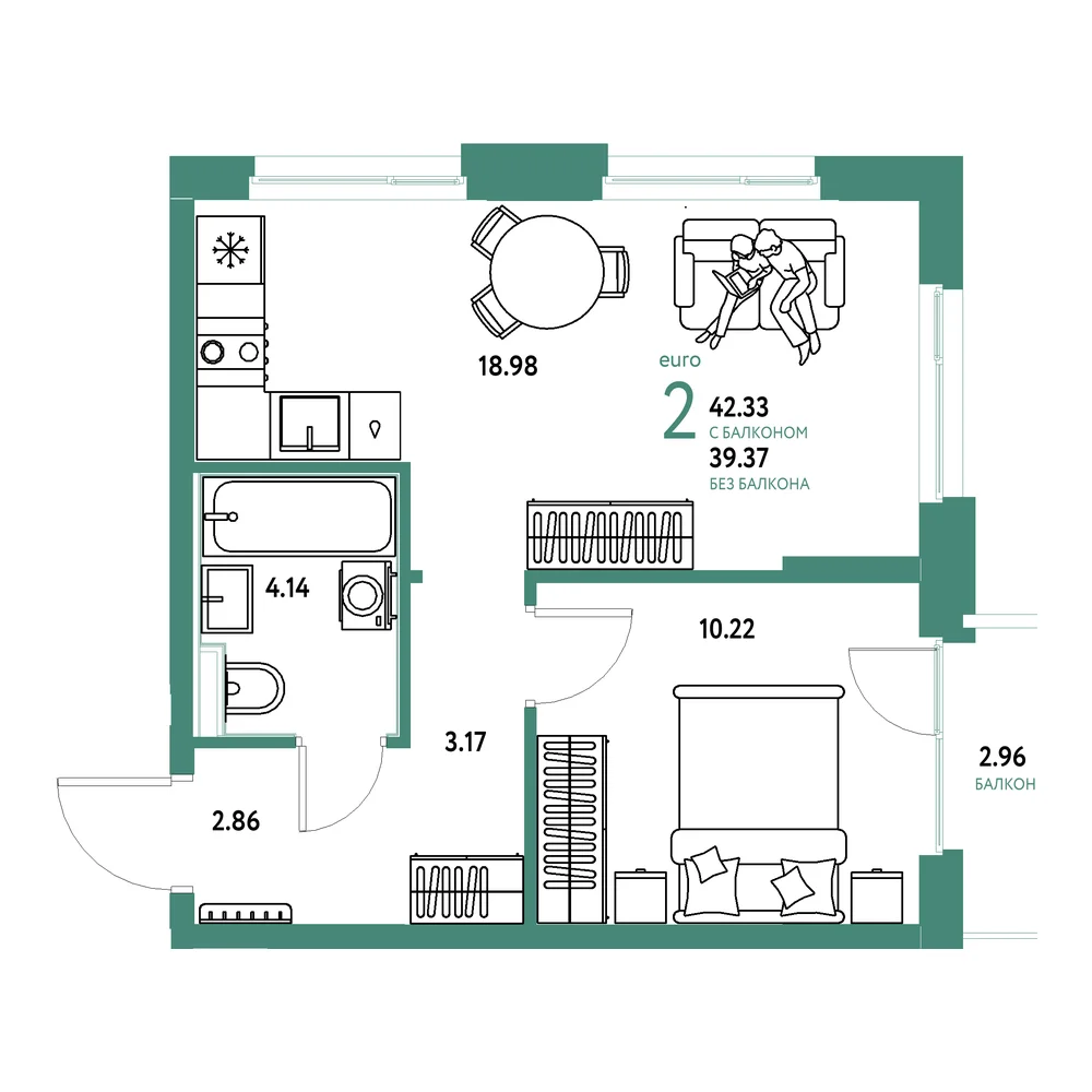 Планировка: Домашний 2-комнатная 42,33м²