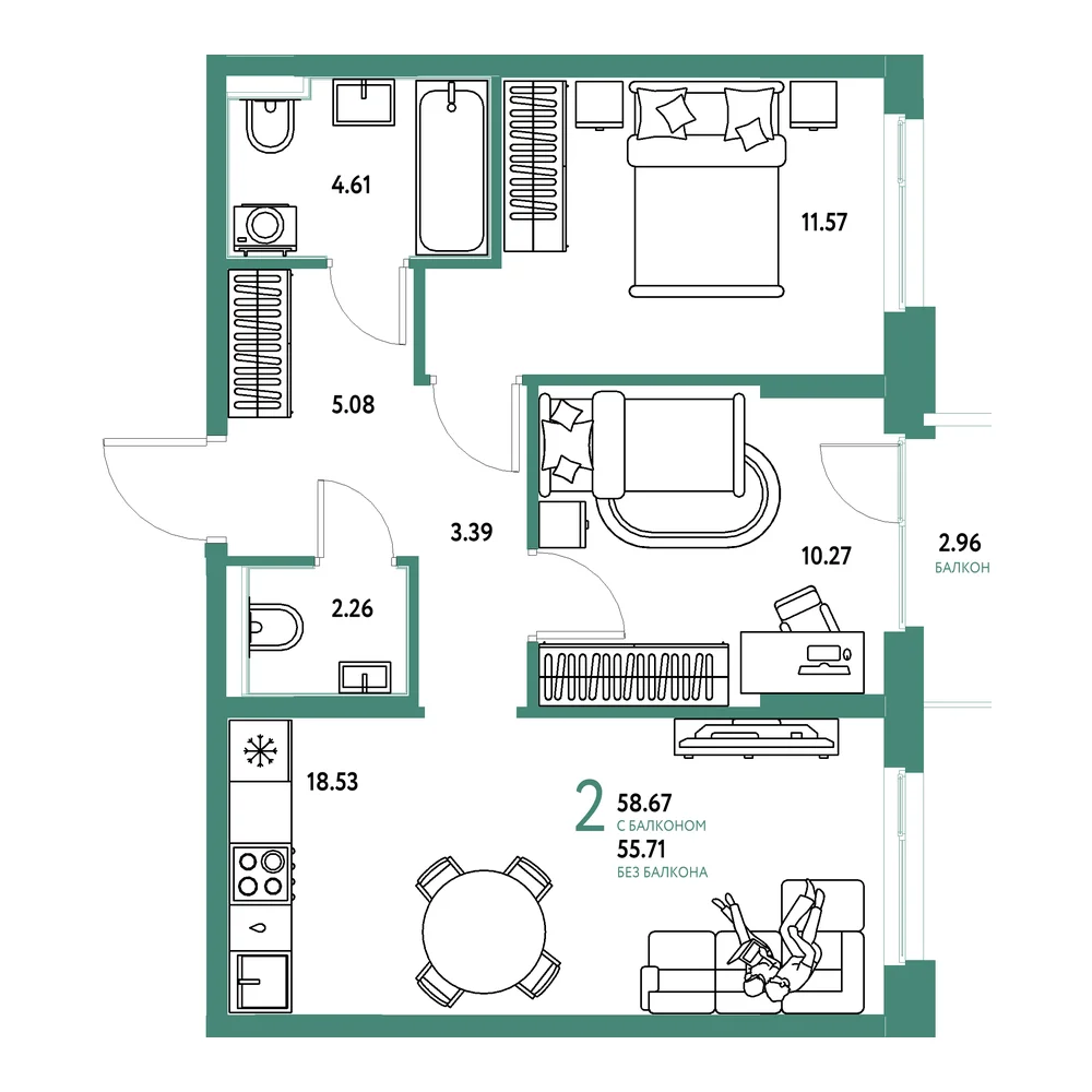 Планировка: Домашний 2-комнатная 58,67м²