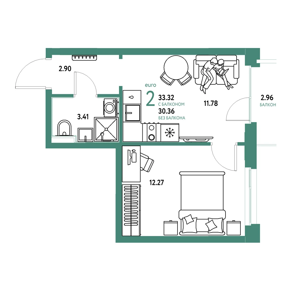 Планировка: Домашний 2-комнатная 33,32м²