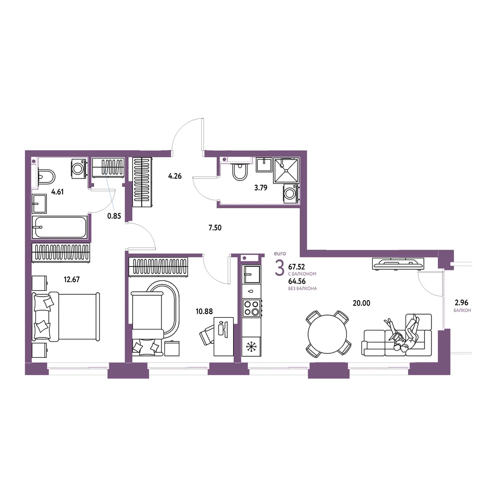 Планировка: Домашний 3-комнатная 67,63м²