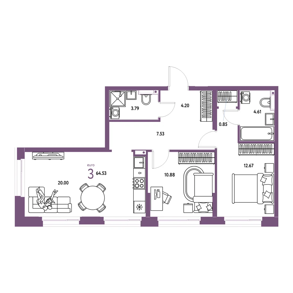 Планировка: Домашний 3-комнатная 64,64м²