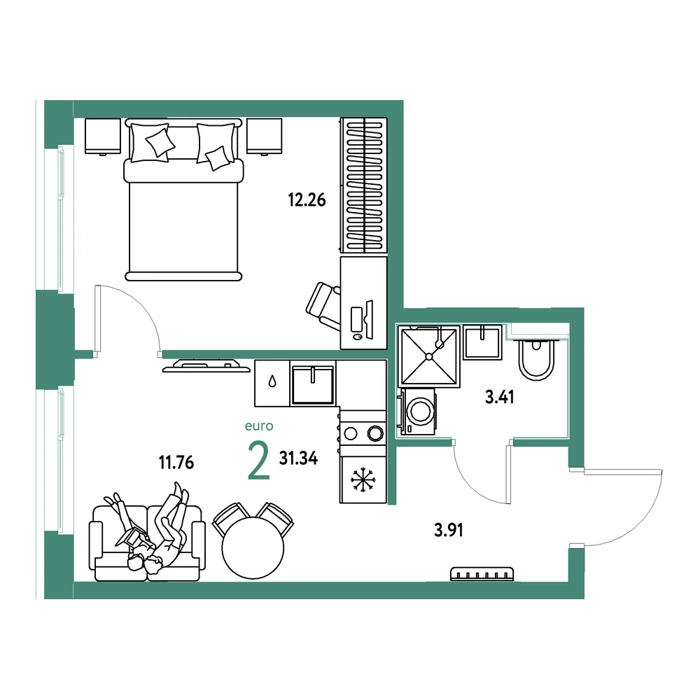 Планировка: Домашний 2-комнатная 31,34м²