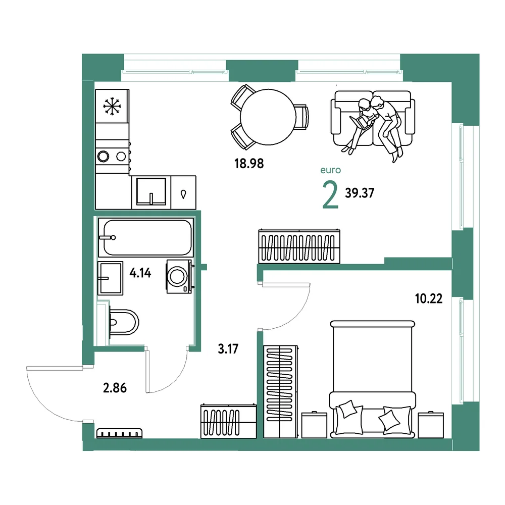 Планировка: Домашний 2-комнатная 39,37м²
