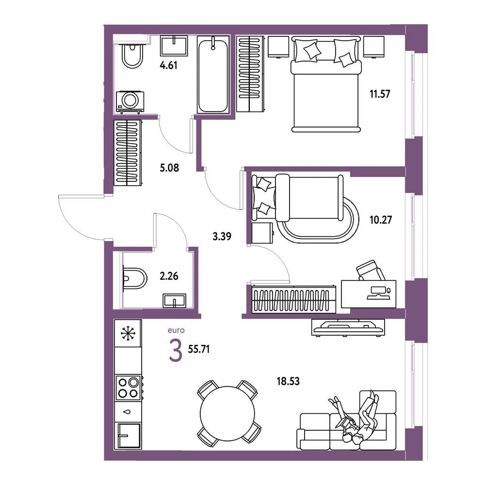 Планировка: Домашний 3-комнатная 55,71м²