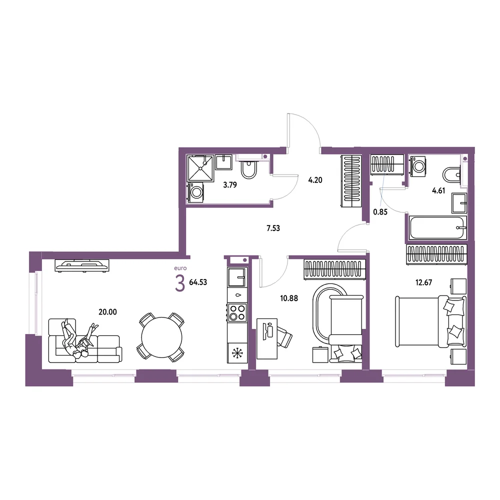Планировка: Домашний 3-комнатная 64,64м²