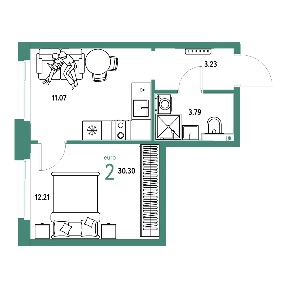 Планировка: Домашний 2-комнатная 30,30м²