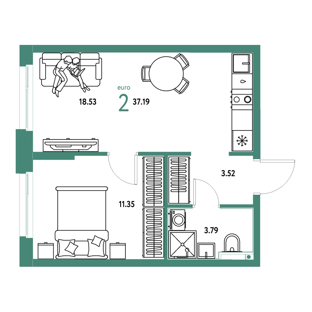 Планировка: Домашний 2-комнатная 37,19м²