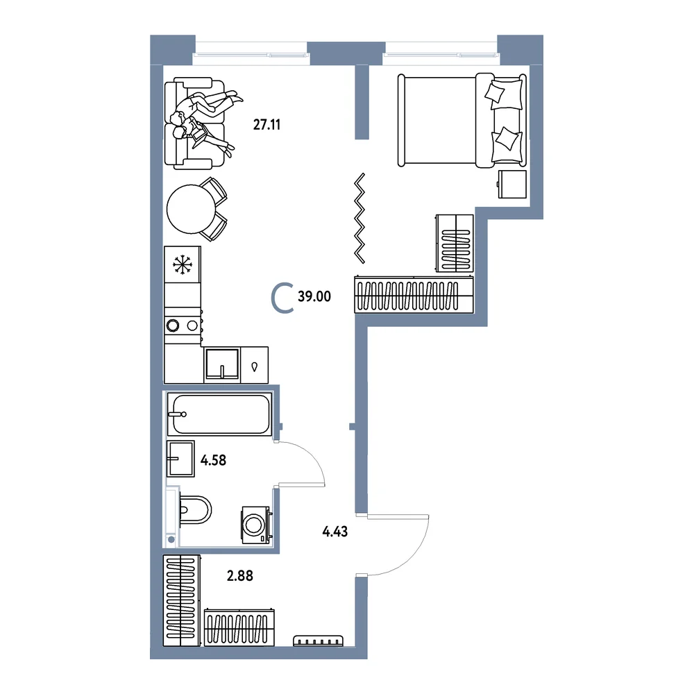 Планировка: Домашний Студия 39,00м²