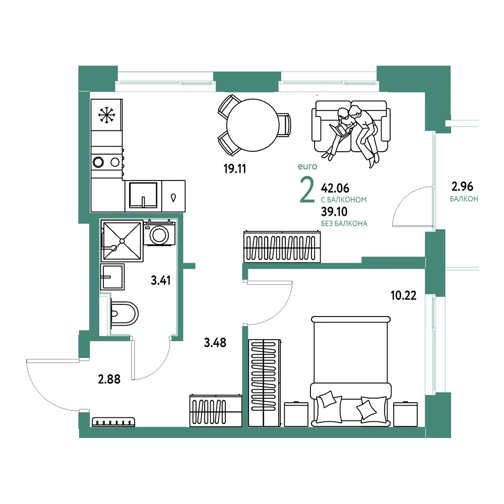 Планировка: Домашний 2-комнатная 42,06м²
