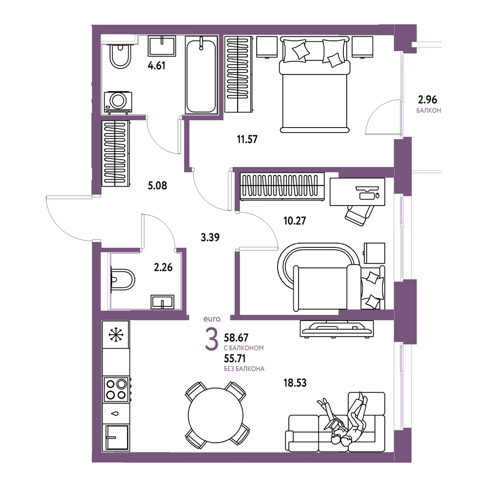 Планировка: Домашний 3-комнатная 58,67м²
