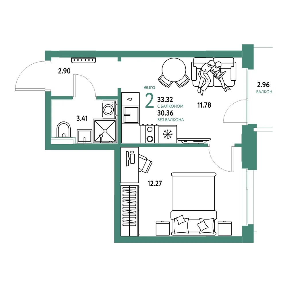 Планировка: Домашний 2-комнатная 33,32м²