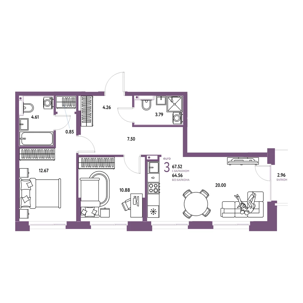 Планировка: Домашний 3-комнатная 67,63м²