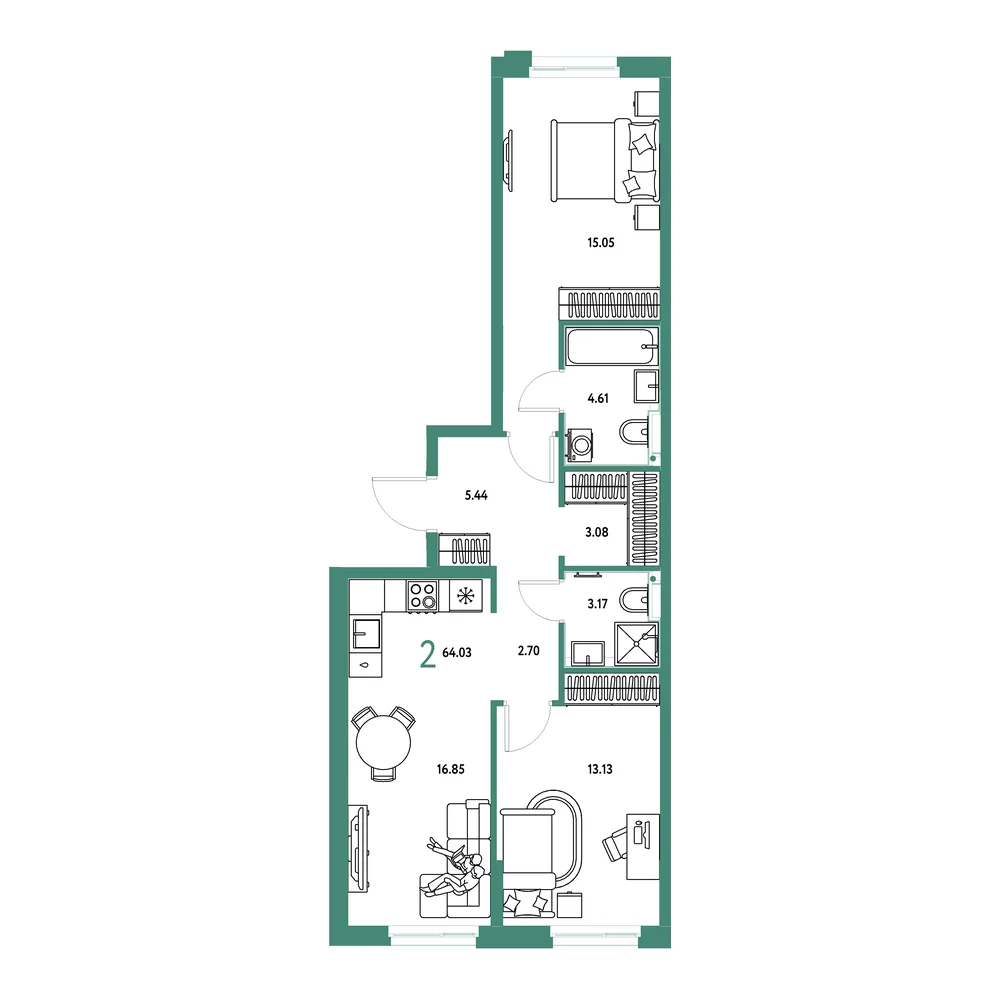 Планировка: Домашний 2-комнатная 64,03м²