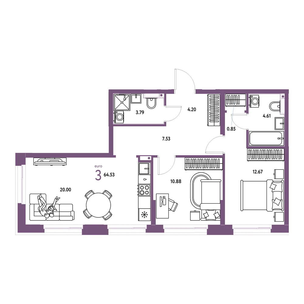 Планировка: Домашний 3-комнатная 64,64м²