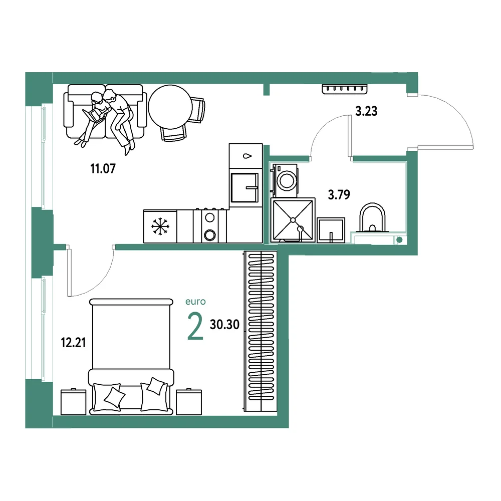 Планировка: Домашний 2-комнатная 30,30м²