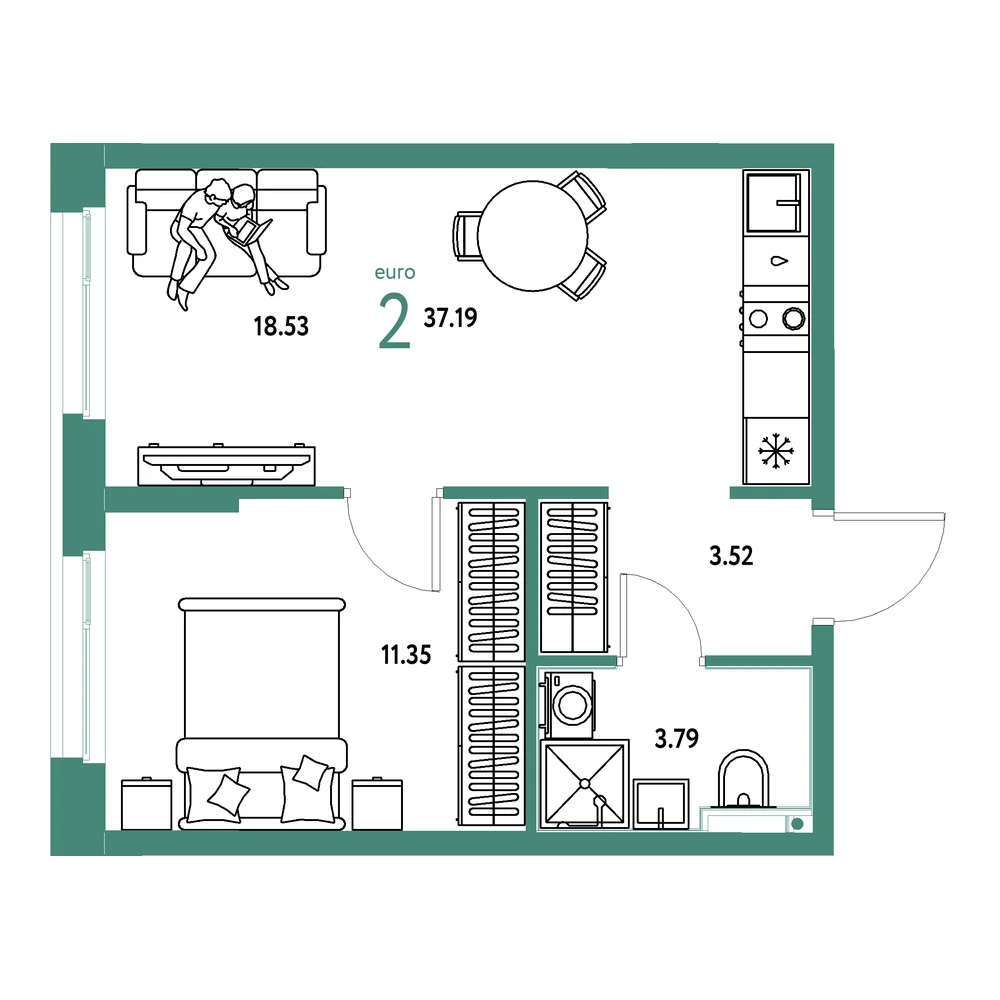 Планировка: Домашний 2-комнатная 37,19м²