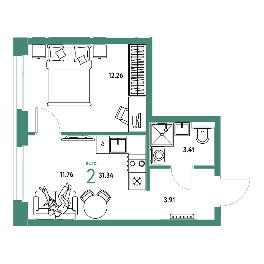 Планировка: Домашний 2-комнатная 31,34м²