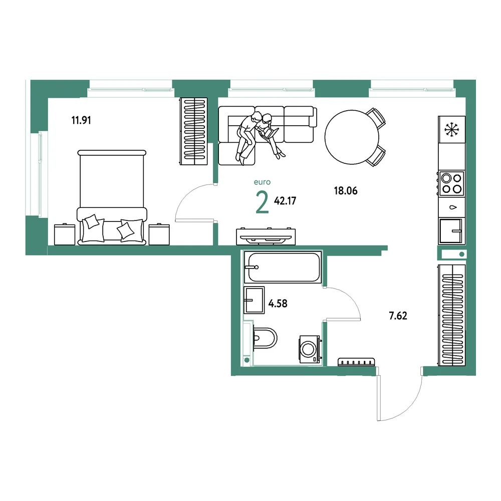 Планировка: Домашний 2-комнатная 42,17м²