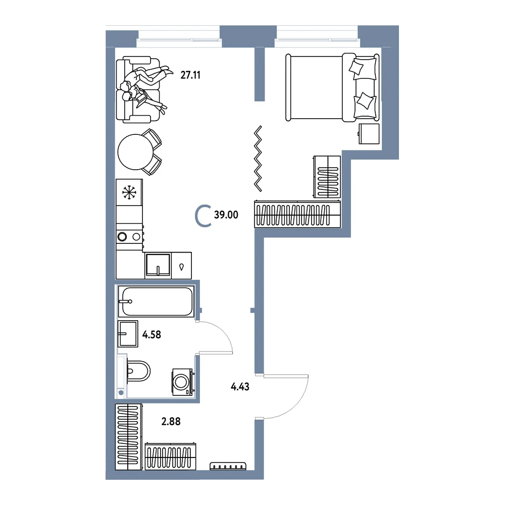 Планировка: Домашний Студия 39,00м²