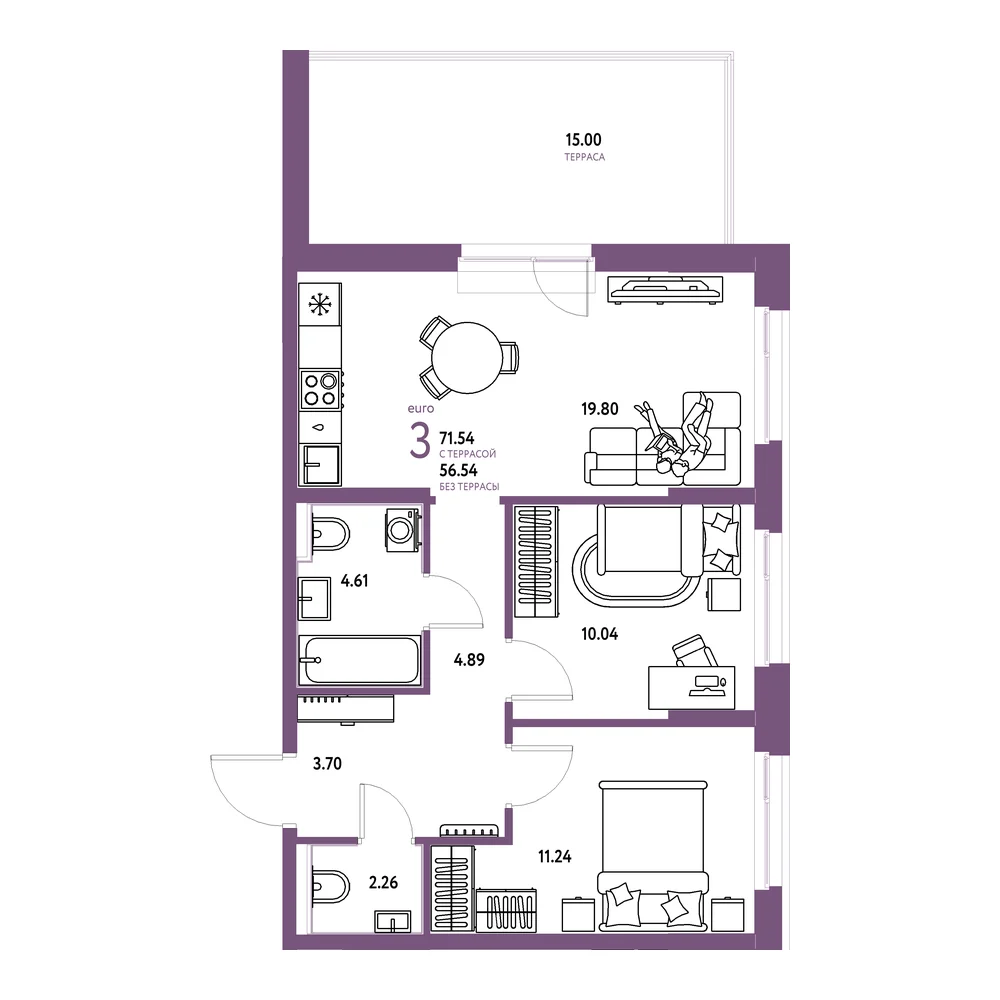 Планировка: Домашний 3-комнатная 71,54м²