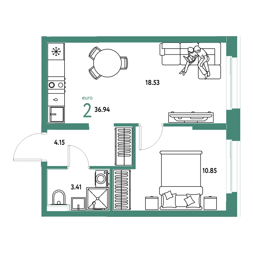 Планировка: Домашний 2-комнатная 36,94м²