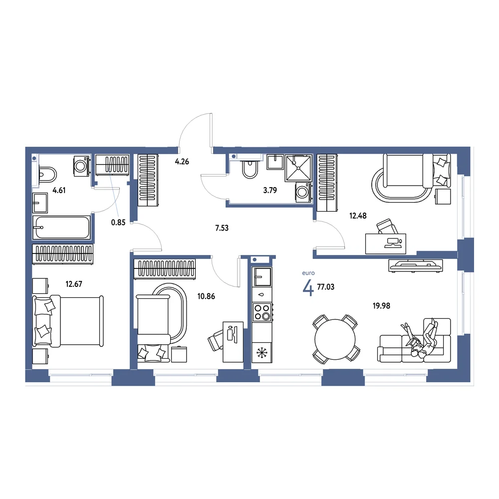 Планировка: Домашний 4-комнатная 77,14м²