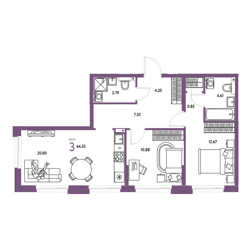 Планировка: Домашний 3-комнатная 64,64м²