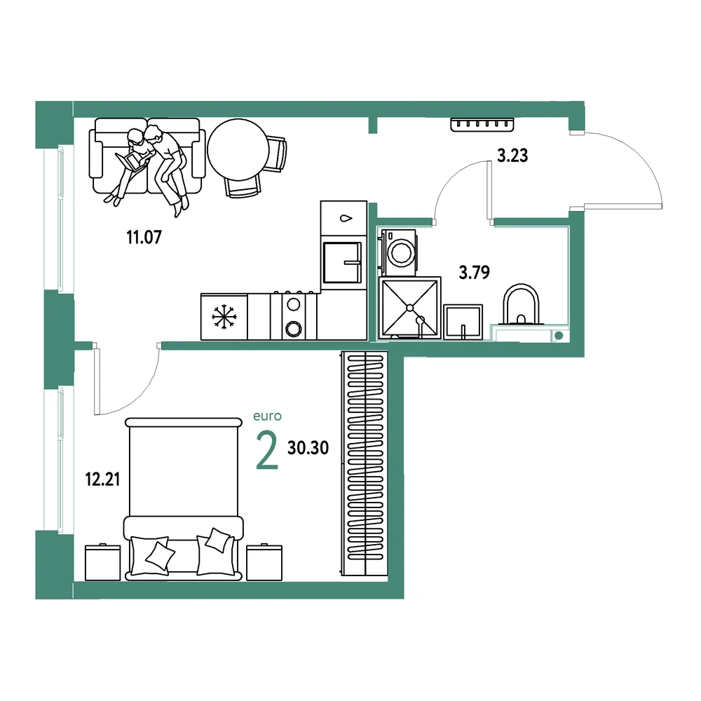 Планировка: Домашний 2-комнатная 30,30м²