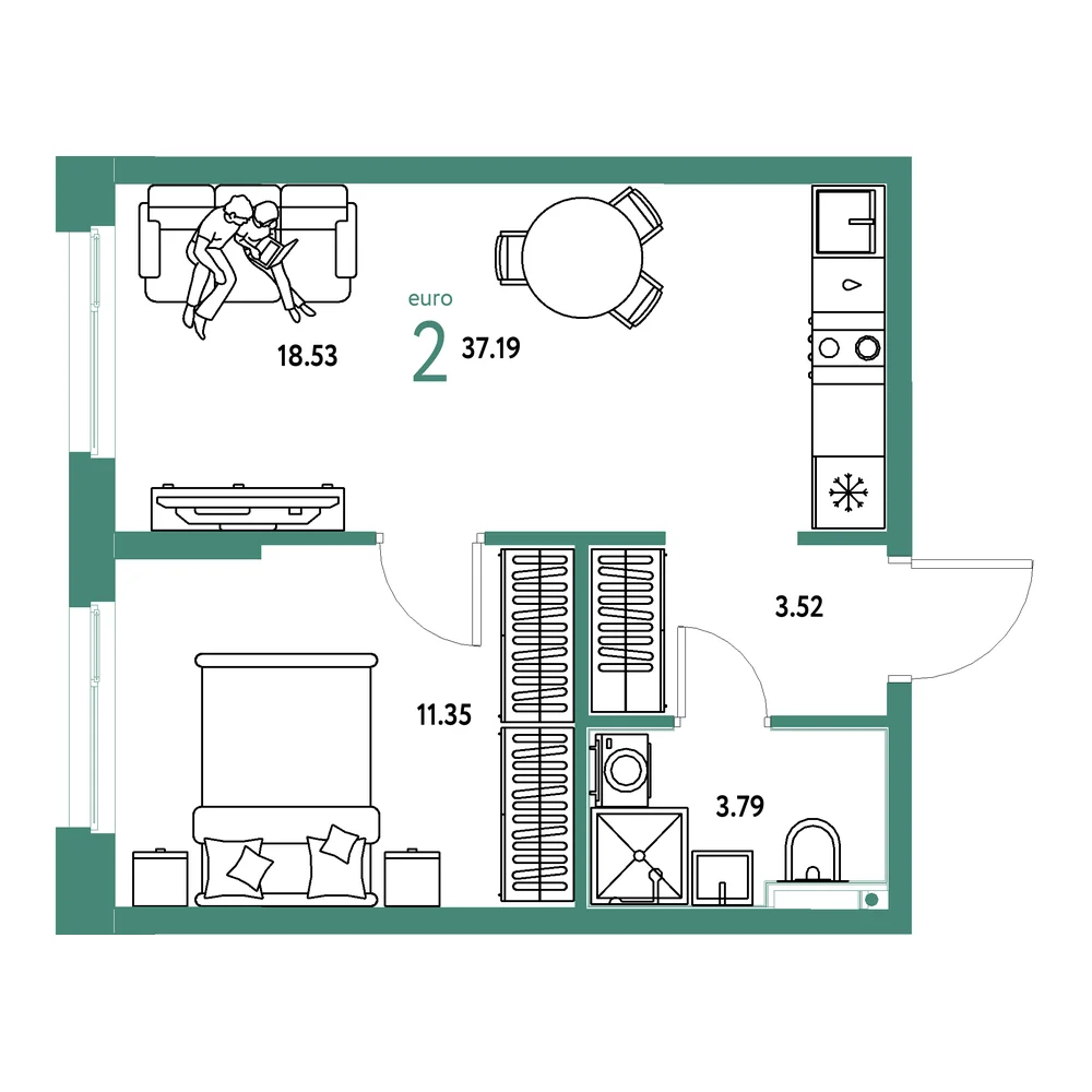 Планировка: Домашний 2-комнатная 37,19м²