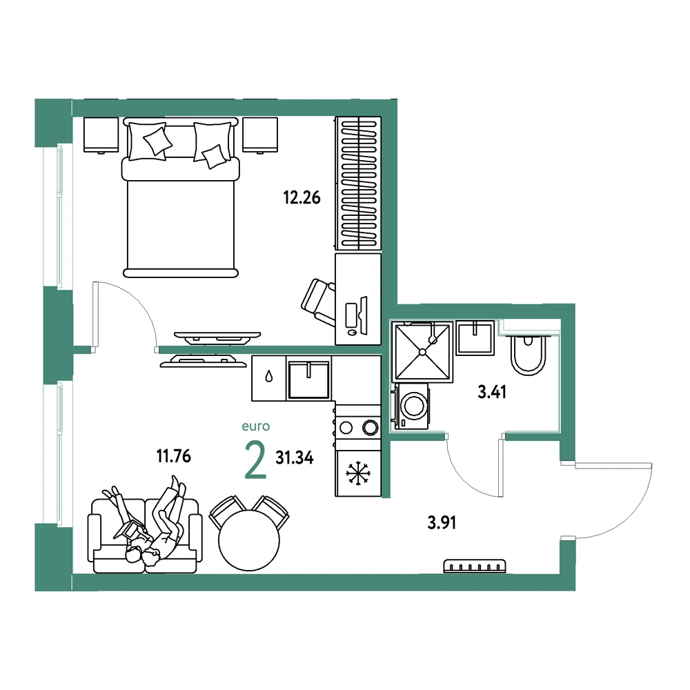 Планировка: Домашний 2-комнатная 31,34м²