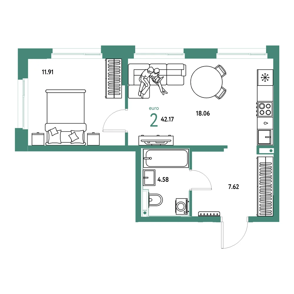 Планировка: Домашний 2-комнатная 42,17м²