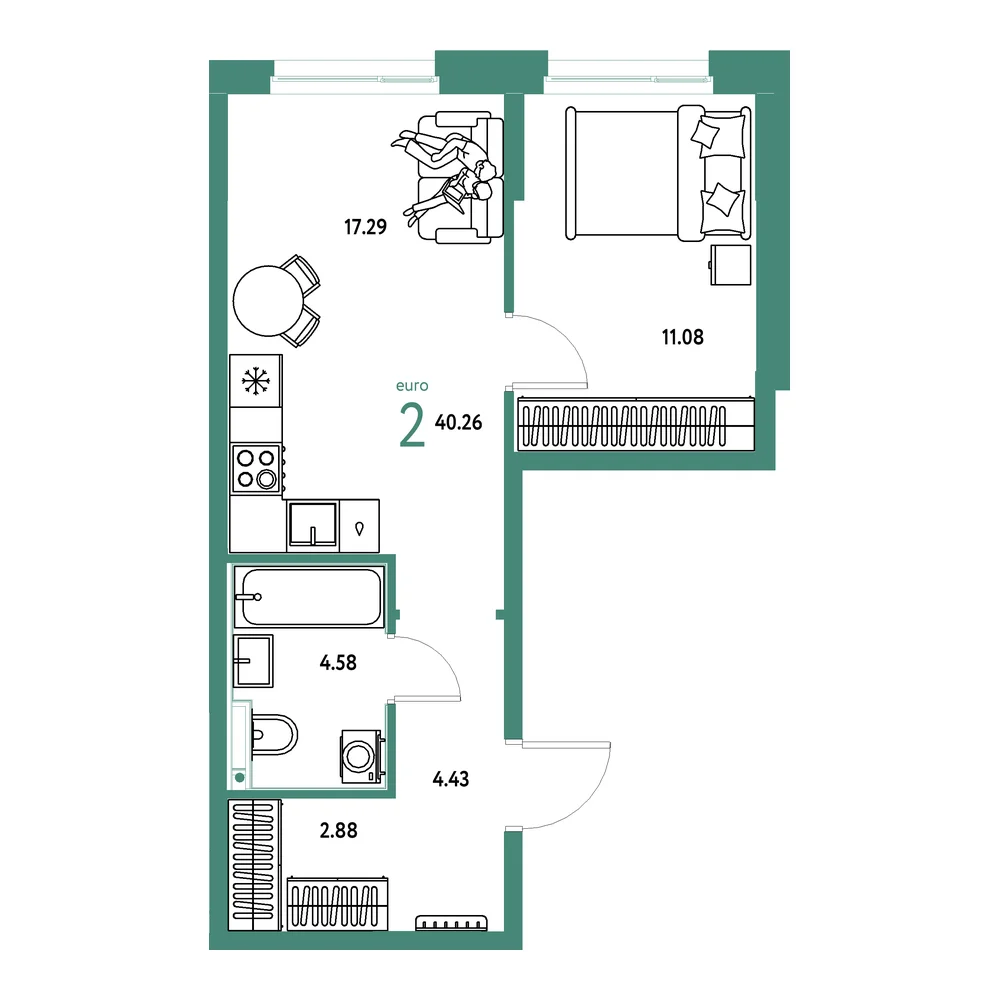Планировка: Домашний 2-комнатная 40,26м²