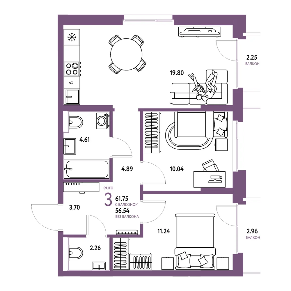 Планировка: Домашний 3-комнатная 62,46м²