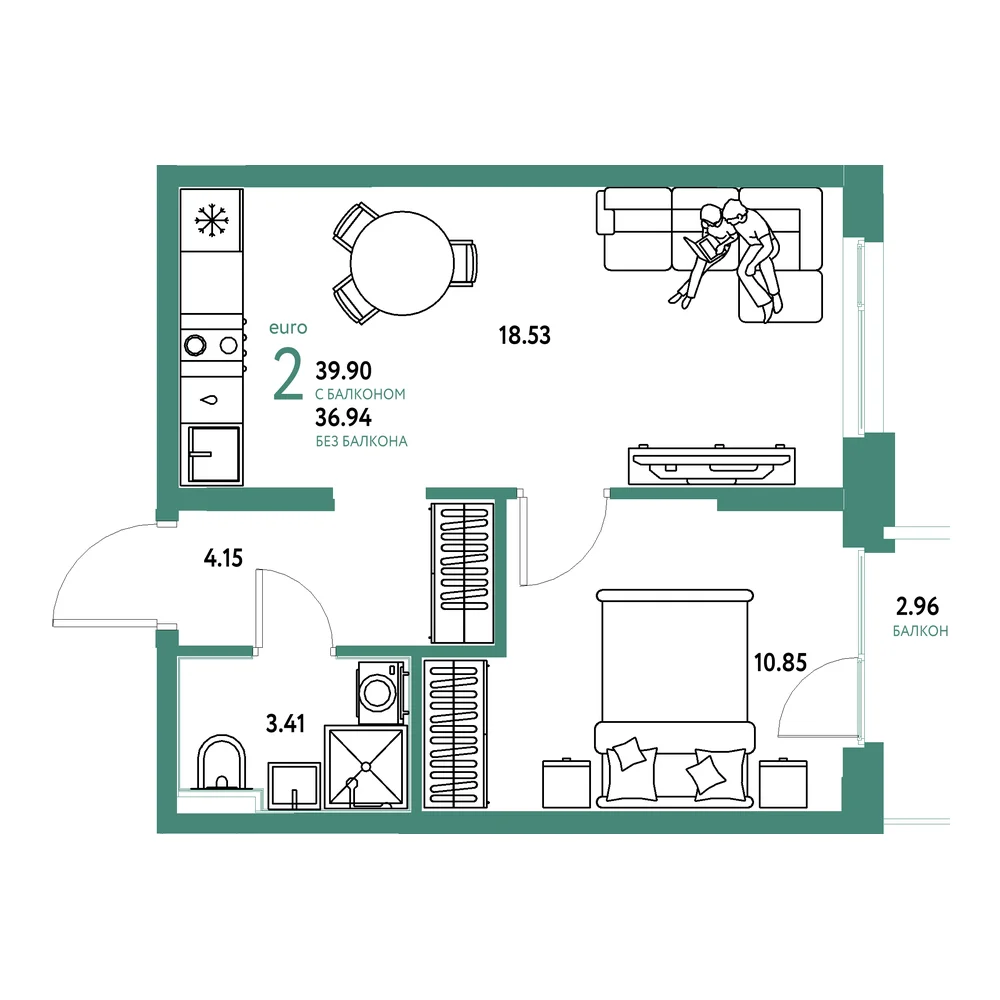 Планировка: Домашний 2-комнатная 39,90м²
