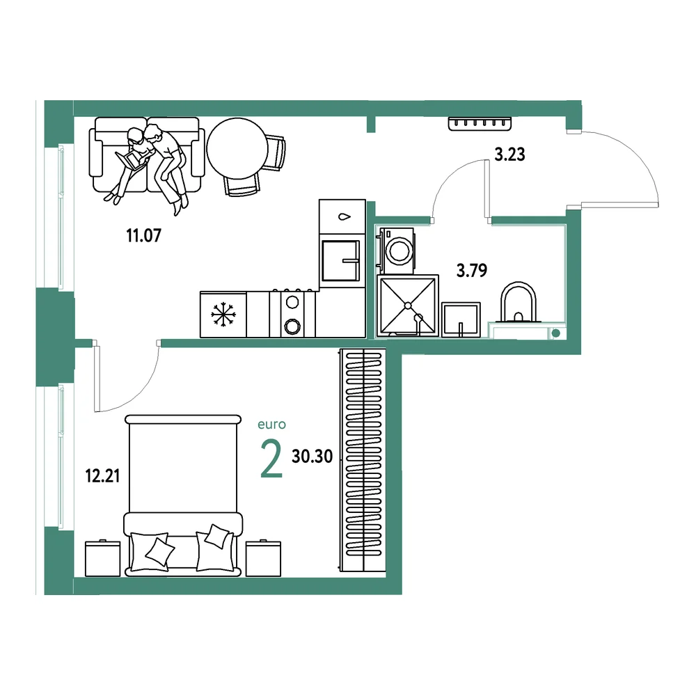 Планировка: Домашний 2-комнатная 30,30м²