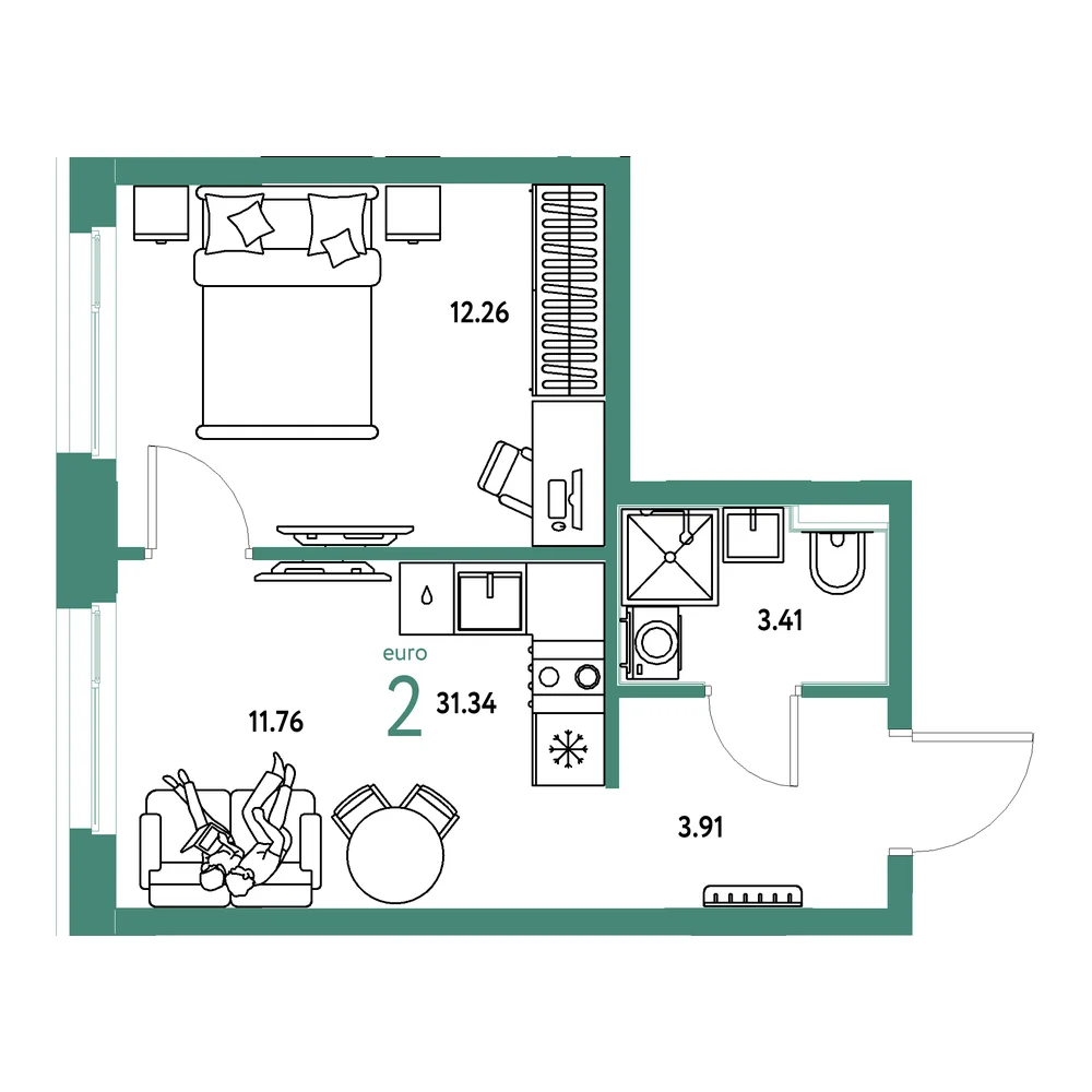 Планировка: Домашний 2-комнатная 31,34м²