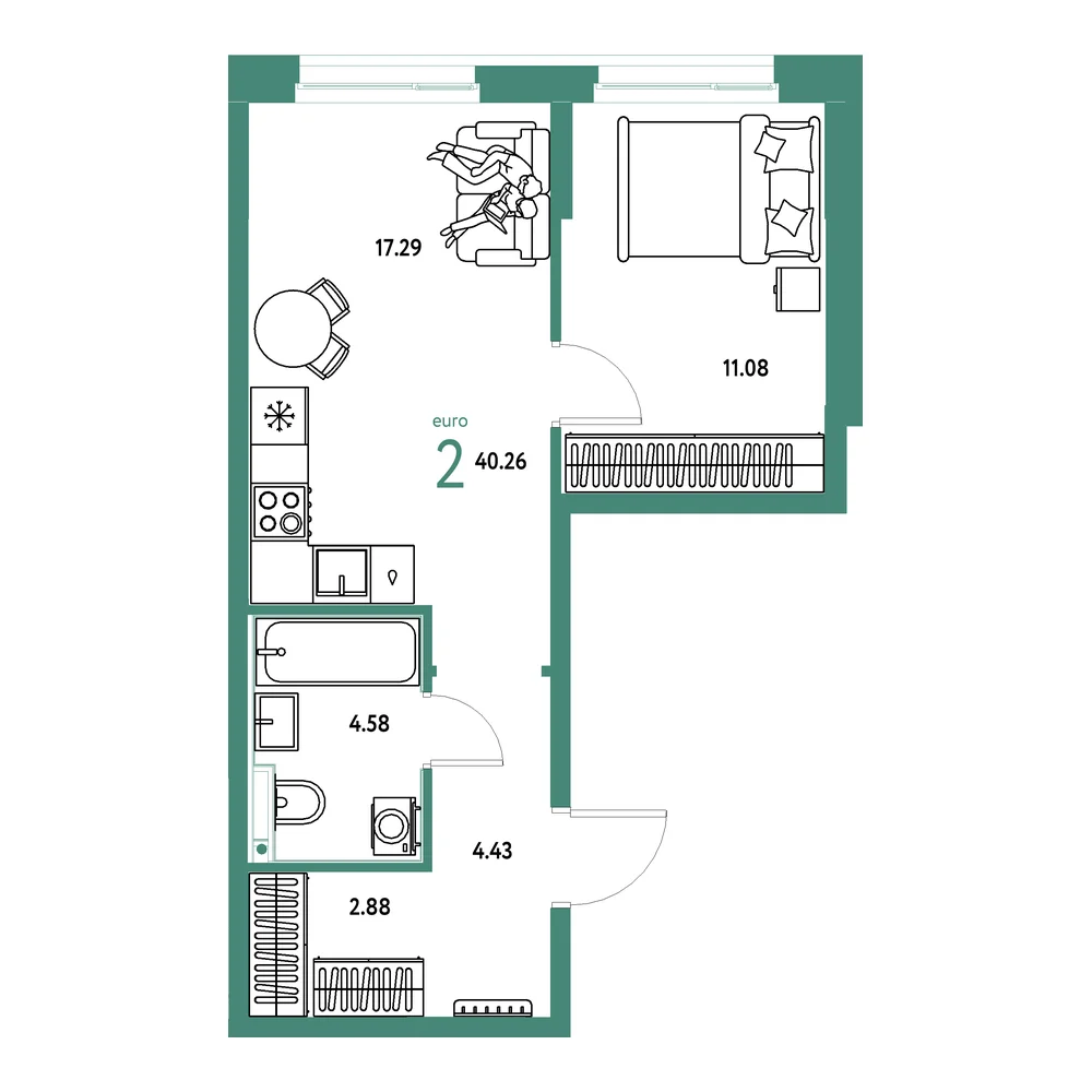 Планировка: Домашний 2-комнатная 40,26м²