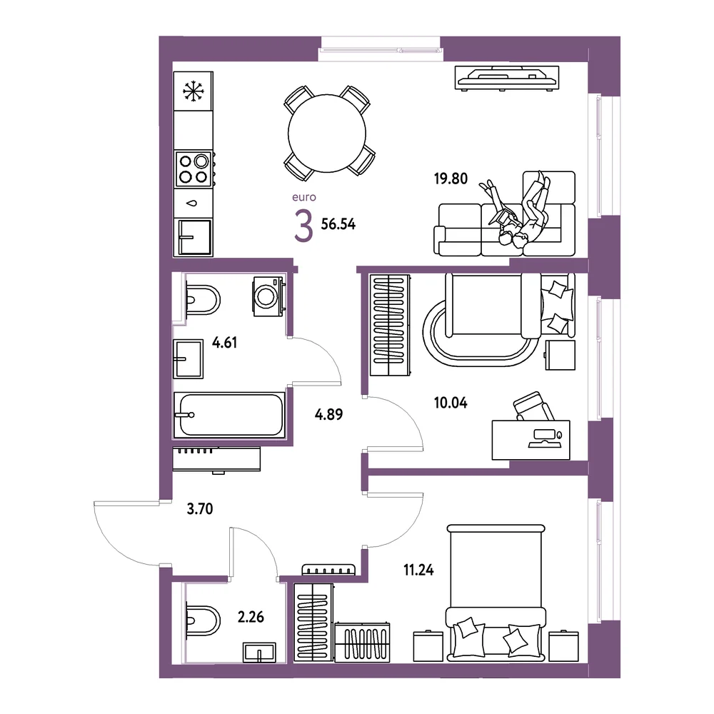 Планировка: Домашний 3-комнатная 56,54м²