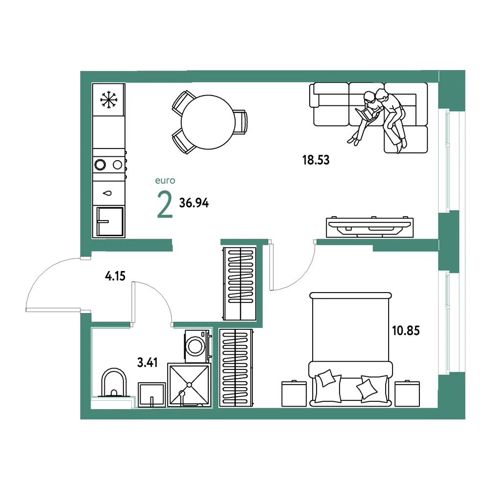 Планировка: Домашний 2-комнатная 36,94м²
