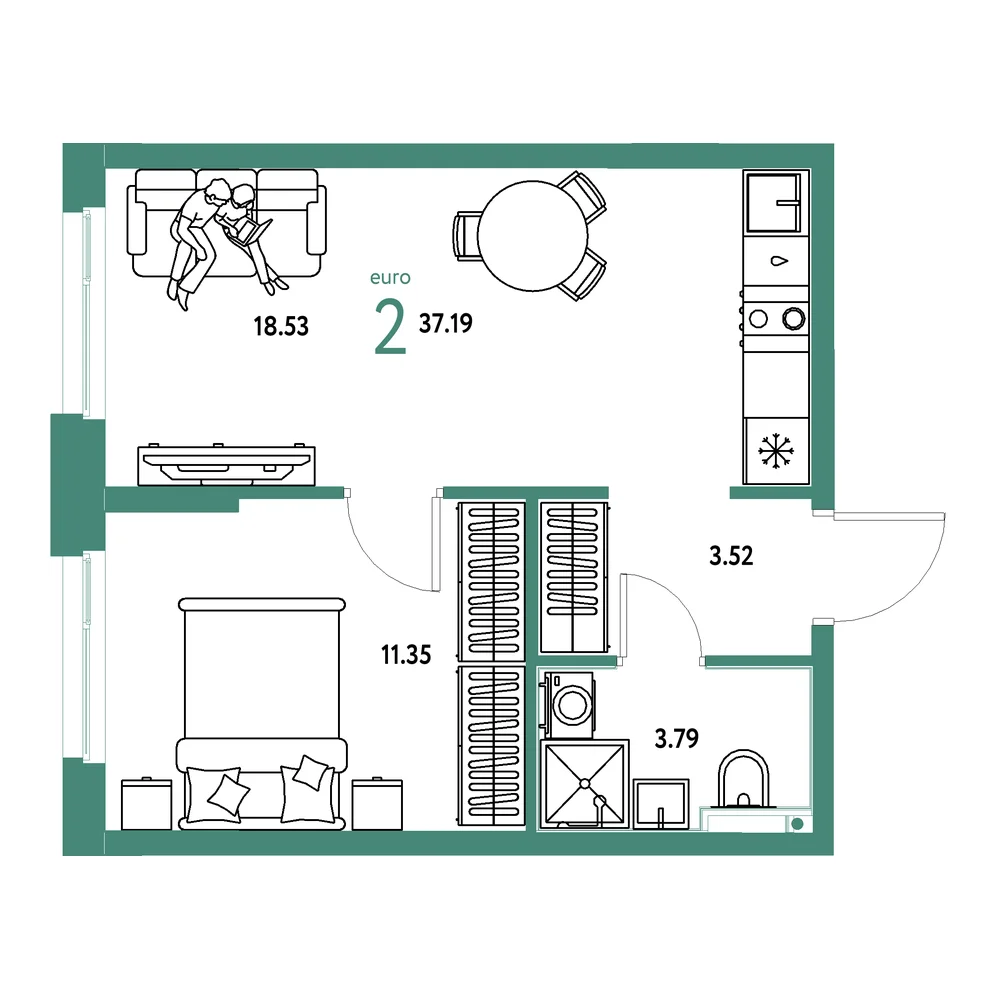 Планировка: Домашний 2-комнатная 37,19м²