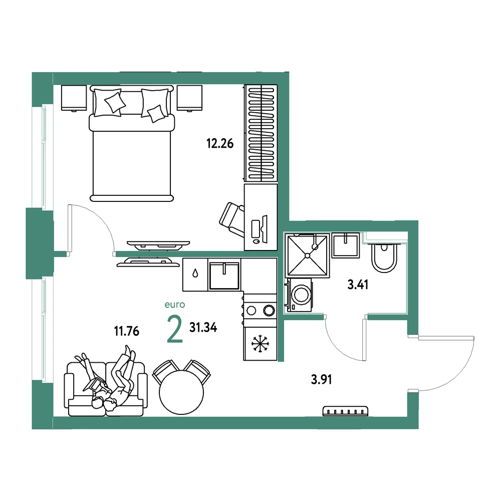 Планировка: Домашний 2-комнатная 31,34м²