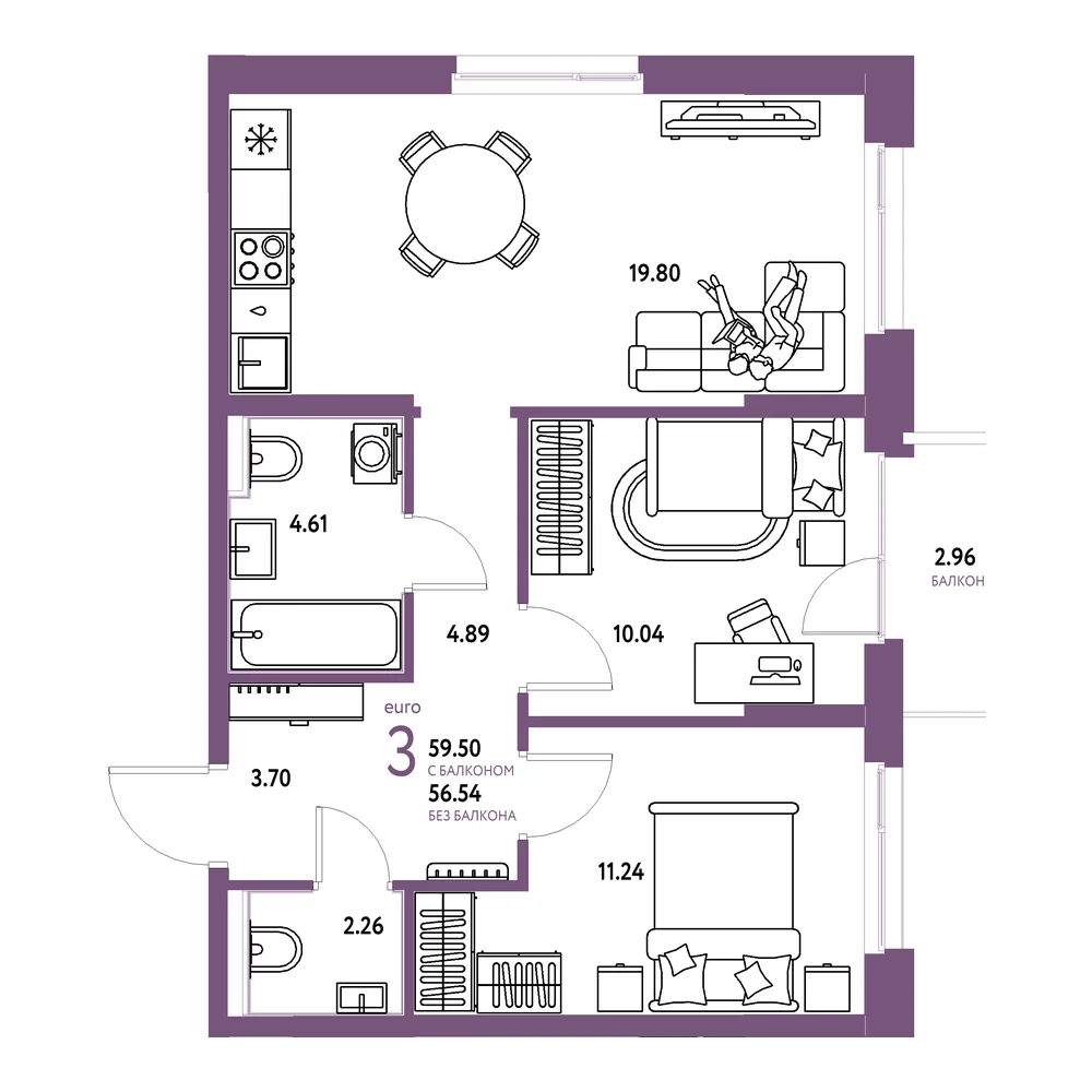 Планировка: Домашний 3-комнатная 59,50м²