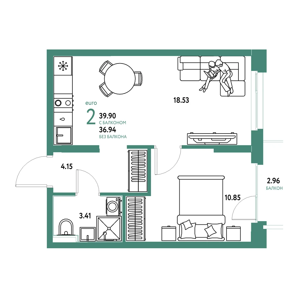 Планировка: Домашний 2-комнатная 39,90м²