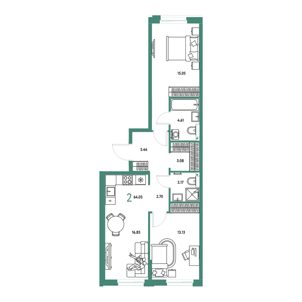 Планировка: Домашний 2-комнатная 64,03м²