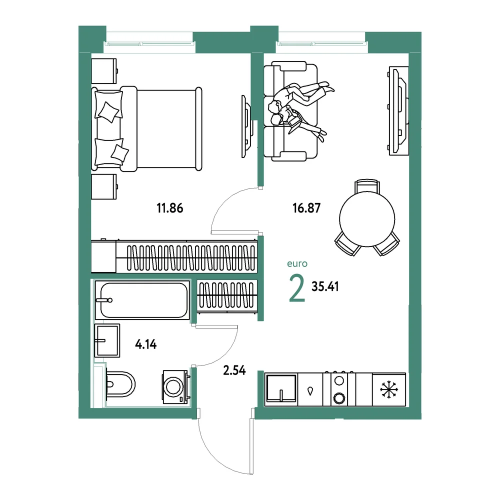 Планировка: Домашний 2-комнатная 35,41м²