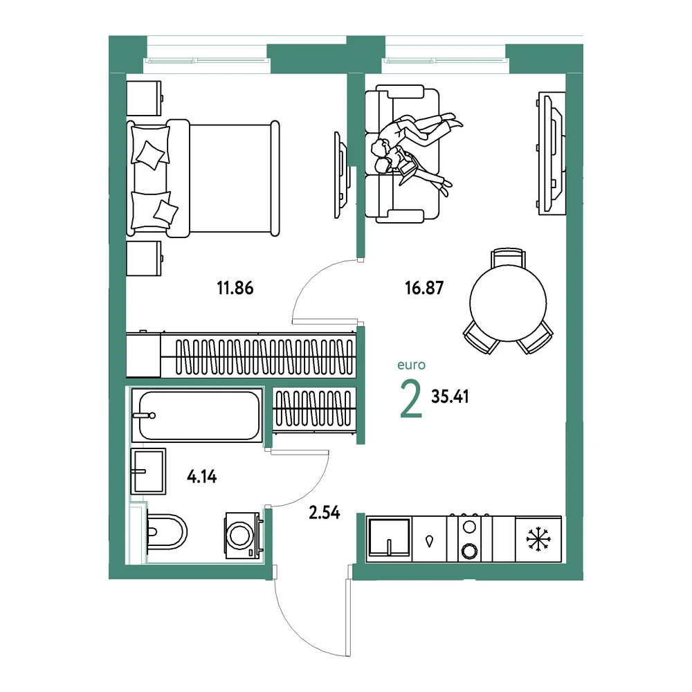 Планировка: Домашний 2-комнатная 35,41м²