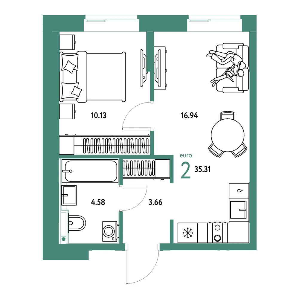 Планировка: Домашний 2-комнатная 35,31м²