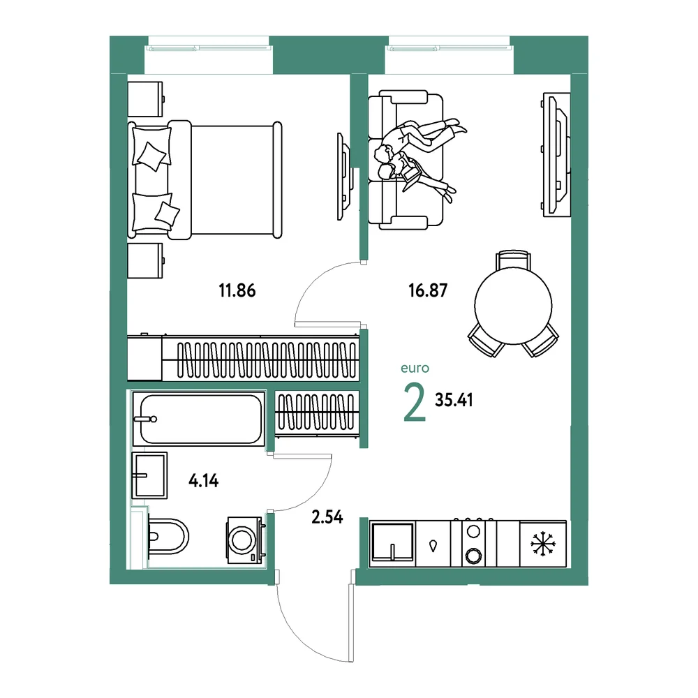 Планировка: Домашний 2-комнатная 35,41м²