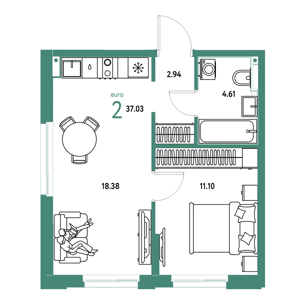 Планировка: Домашний 2-комнатная 37,03м²