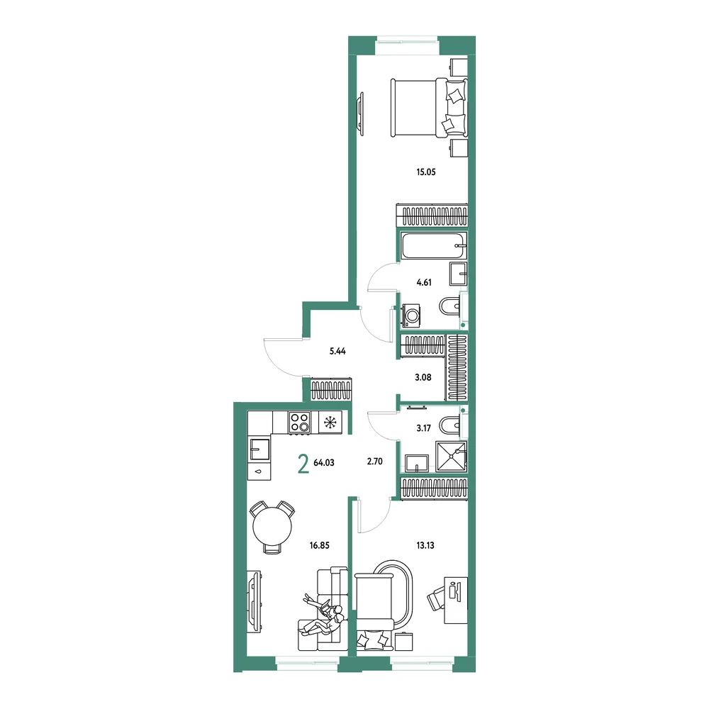 Планировка: Домашний 2-комнатная 64,03м²